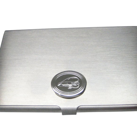 STAMPED BUSINESS CARD HOLDER W- TURQ WJA-080-1 – J  Silver Toned Oval Etched Shrimp Business Card Holder